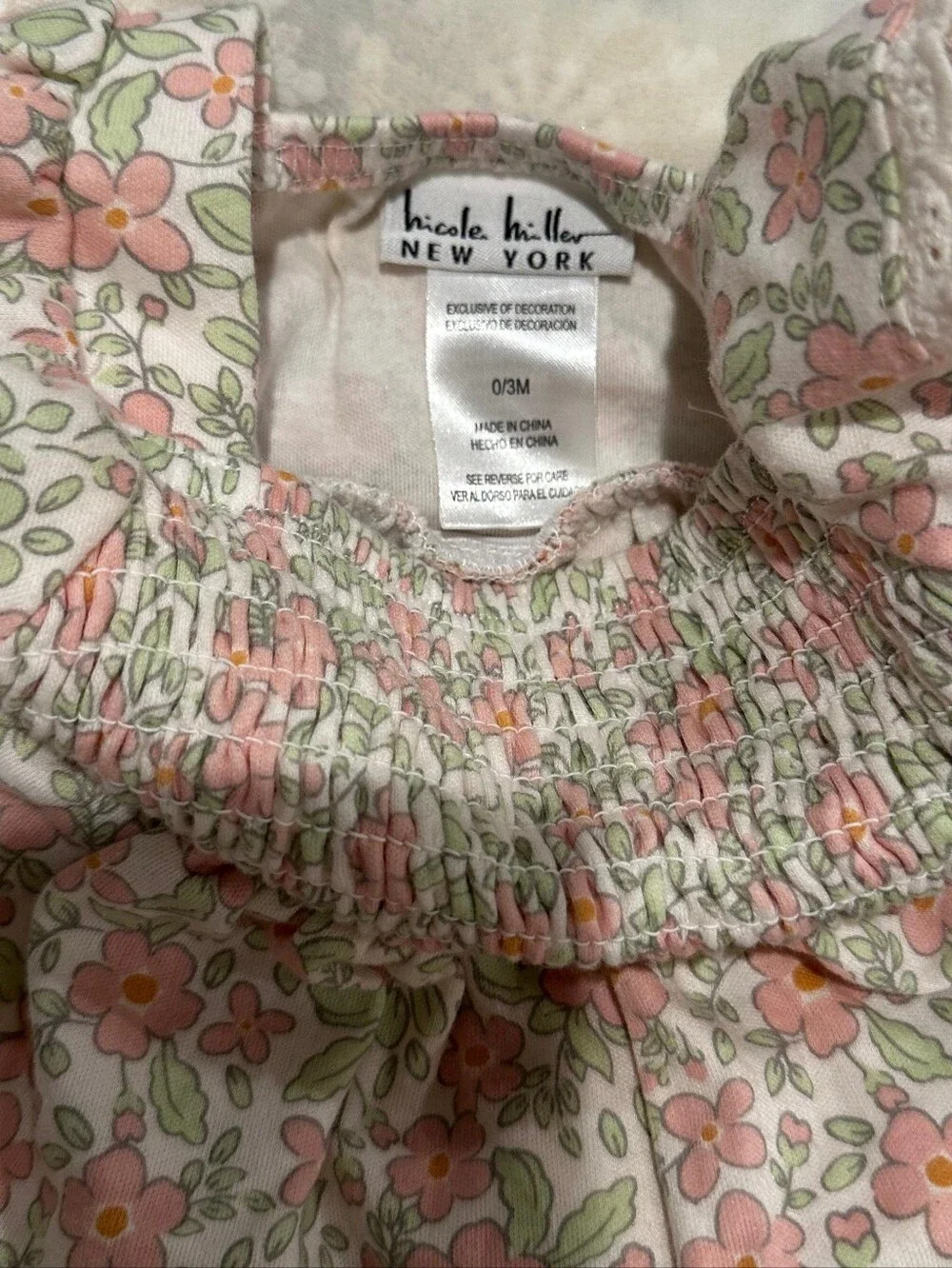 Nicole Miller Pink and Cream Floral Smocked Diaper Cover Set